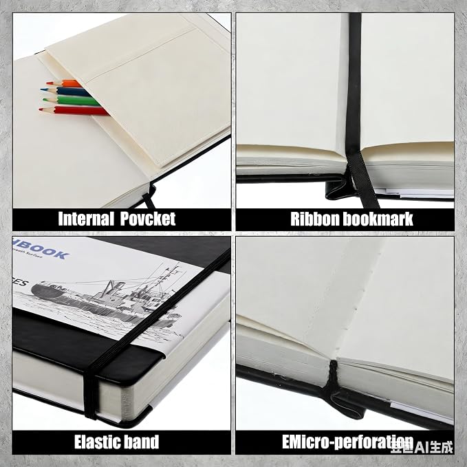 Hardcover Sketch Book 8.5 × 11 in, 180gsm, 80 Sheets, Black | Acid-Free Thick Paper, Marker And Pencil Friendly, Perforated Pages, Elastic Band, Back Pocket