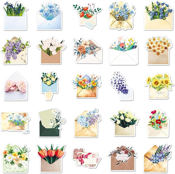 50Pcs Envelope Stickers for Letter and Greeting Cards, Gift Packaging, Ledger, Diary Decoration Stickers(Envelope Flower)