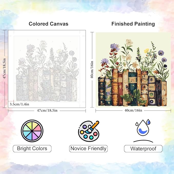 Yezavesu Book Paint by Numbers Kit for Adults Beginner, Flowers Adult Paint by Number Kits on Canvas Without Frame, DIY Acrylic Painting by Numbers for Home Wall Decor Gift 16x16 Inch