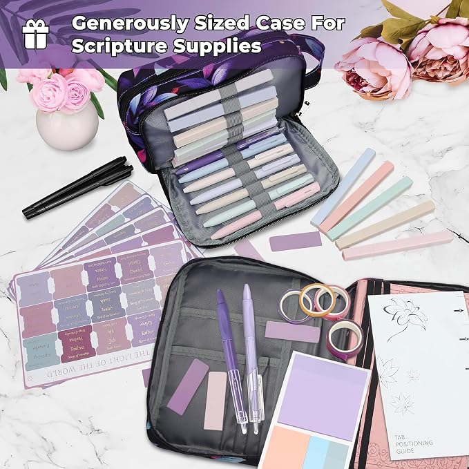 48 Pcs Bible Study Supplies for Women, Bible Journaling Kit Includes Bible Pencil Case, Tags, Pens, Highlighters, 4 Color Clear Sticky Notes, Notebook, 15 Clips, 4 Rolls of Washi Tape & More (Purple Bag)