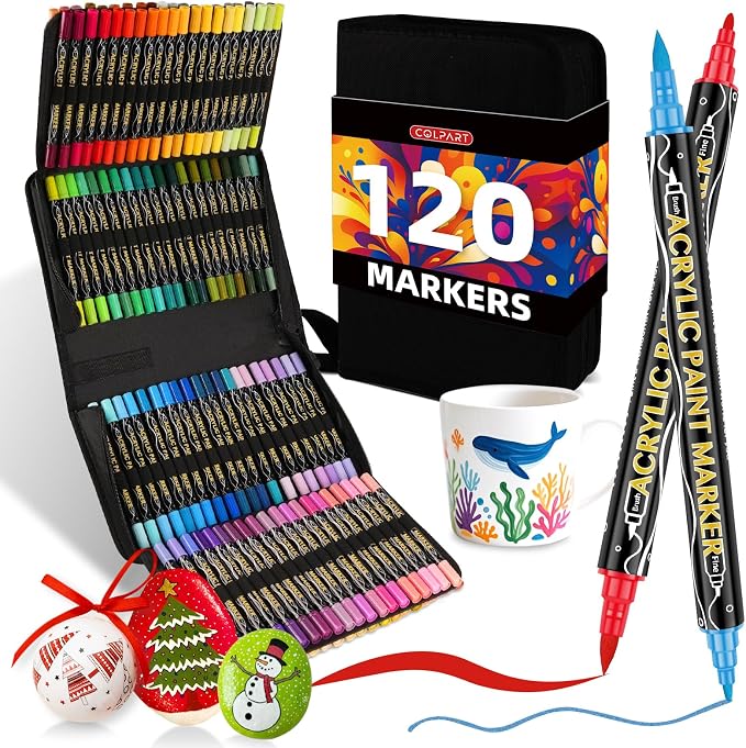 colpart Acrylic Paint Markers,120 Colors Dual Tip Acrylic Paint Pens,Brush Tip and Fine Tip Markers For Rock Painting,Easter Deco Plastic,Canvas And Diy Crafts Art Supplies