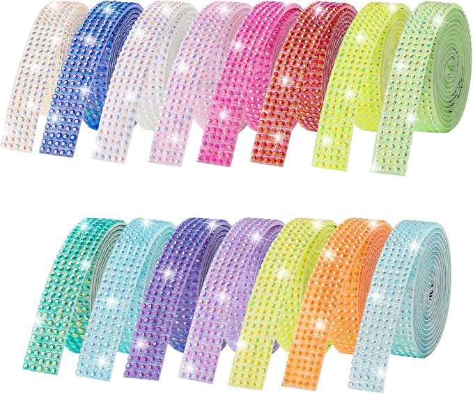 15-Yard Bedazzling Strips, 5-Rows 16-Roll Rhinestone Ribbon Self Adhesive, 15 Colors Bedazzling Kit, Rhinestones for Crafting, Rhinestone Strips for DIY Craft, 0.45inch Width,1