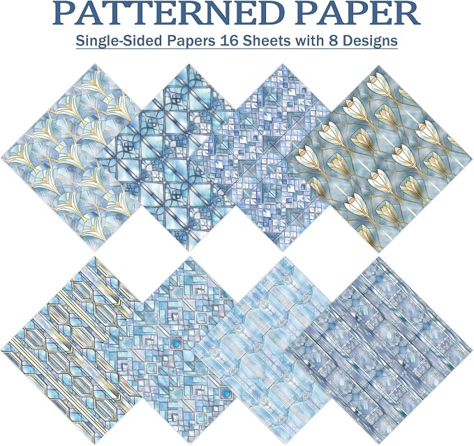 PRSTINCOL Scrapbook Paper,16 Sheets 6 x 6 Inch Blue Windowpane Style Scrapbook Supplies,Single-Sided Vivid Origami Decoupage Paper for DIY Crafts, Card Making, Art Journaling