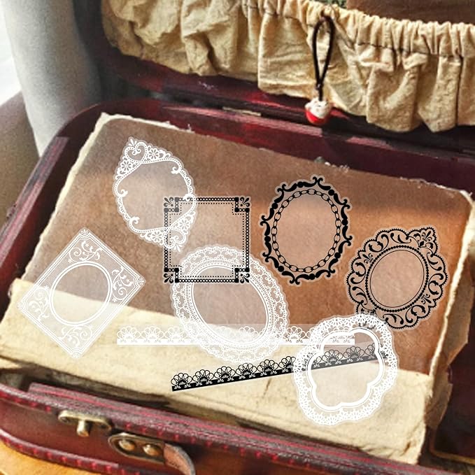 PRSTINCOL 240 PCs Lace Scrapbook Stickers,Waterproof Cutout Transparent Sticker PET Transparent Lace Stickers for Scrapbooking DIY Decoration Making Notebook Frame Album Handmade(Black and White)