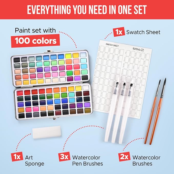 Watercolor Paint Set 100 Vibrant Colors for Adult Beginner Professional | With Metallic Colors. Travel Size Water Color Art Kit Palette for Adults & Beginners. Portable Watercolors, Artist Gifts Idea