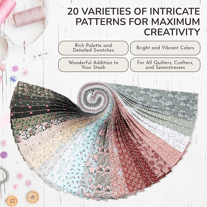 Tinyspool & Co.'s Twirlie Roll 40 Precut Quilting Fabric Strips for Quilting Supplies, Crafting, and Sewing, Soft Cotton Strip for Blanket, Rug, Upholstery, Home Decor, and Purse Making, Cottagecore