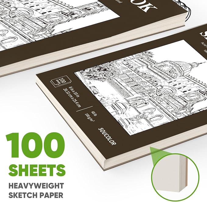 Soucolor 8x10 Sketch Book, 100 Sheets, 68lb Acid-Free Spiral Bound Pad | 68lb acid-free paper, no bleed-through, lay-flat spiral binding — perfect for kids, students & artists. Portable 8x10 size