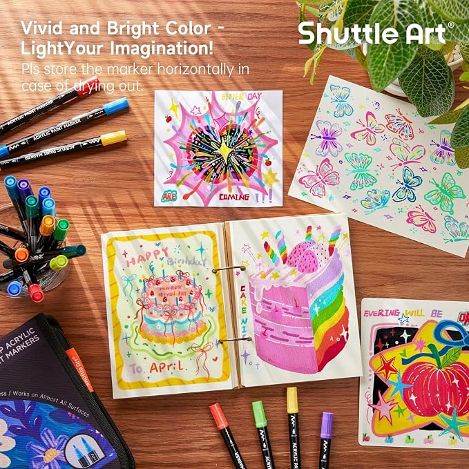 Shuttle Art 80 Colors Dual Tip Acrylic Paint Markers, Brush Tip and Fine Tip Acrylic Paint Pens for Rock, Ceramic, Wood, Canvas, Plastic, Glass, Stone, Calligraphy, Card Making, DIY Football Crafts