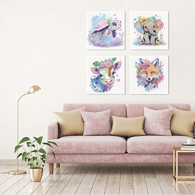 VividMeng 4 Pack Diamond Art Kits for Kids, 5D DIY Cute Animals Diamond Painting Kit for Kids Beginners, Gem Art by Number Kits for Boys Girls Ages 6-8-12-14, Home Wall Decor Gift for Party 6X6inch