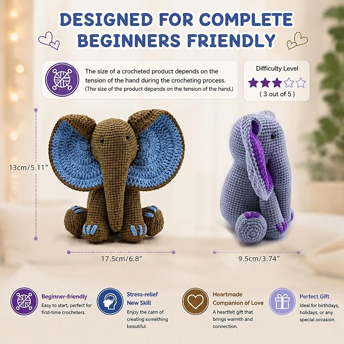 JYZJDKE Crochet Kit for Beginners Adults - DIY Amigurumi Elephant Knitting Starter Kit with Yarn Sets, Crochet Animal Kit Cute Stuffed Animal Craft Birthday Gifts (Grey Purple+Coffee Blue Elephant)