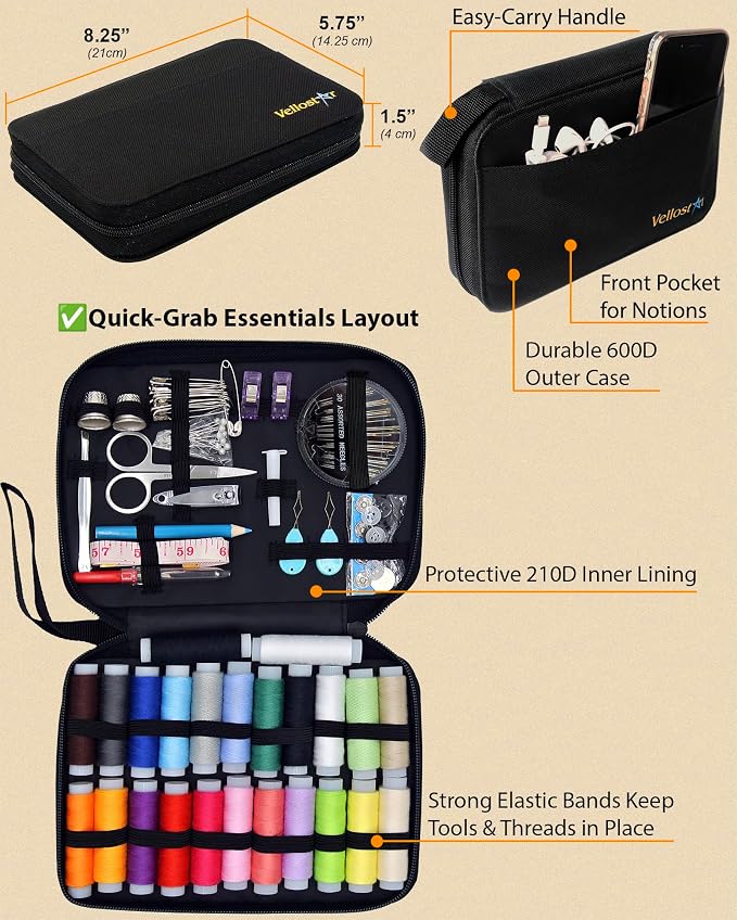 Vellostar Sewing Kit for Adults, 100-Piece Needle and Thread Travel Kit | Beginner-friendly hand sewing kit with 24 thread colors for quick clothing repairs, missing buttons, small tears & loose hems