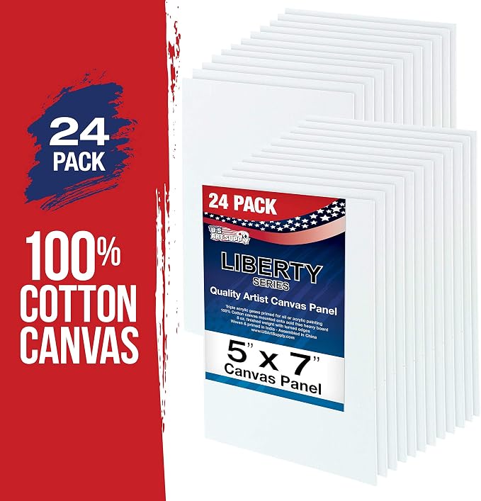 U.S. Art Supply 5 X 7 Inch Art Canvas Board Panels 24 Pack - 8 Ounce | Heavyweight Cotton Acid Free Canvases for Painting Acrylics and Watercolor (1 Case of 24 Single Canvas Painting Panels)