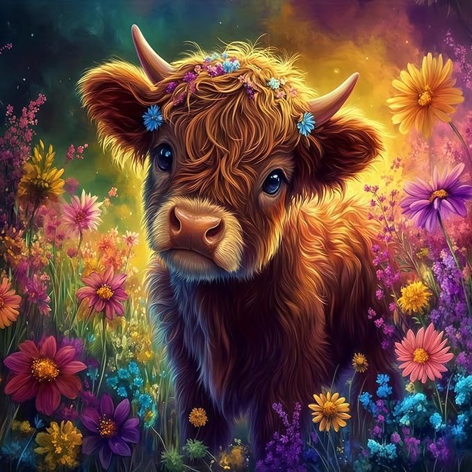 5D Highland Cow Diamond Art kits for Adults Beginners 13.7x 13.7 Inch | Animals Diamond Painting Kit DIY Full Round Drill Paint by Diamonds Dot Gem Art for Adult, Home Wall Decor