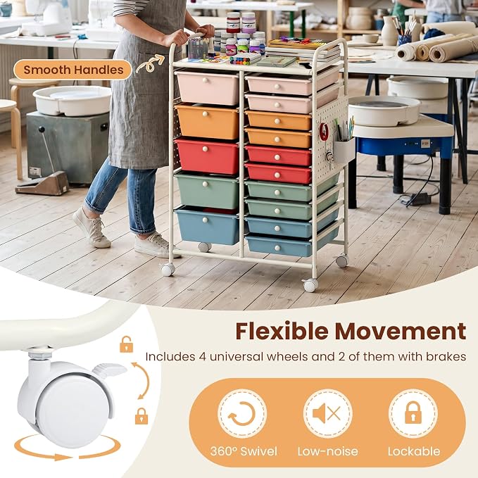 Giantex 15 Drawer Storage Cart, Rolling Craft Cart with Metal Tabletop & Pegboard, Mobile Utility Organizer Trolley with Locking Wheels, Home Office, Classroom, Teacher Supplies, Macaron Multicolor