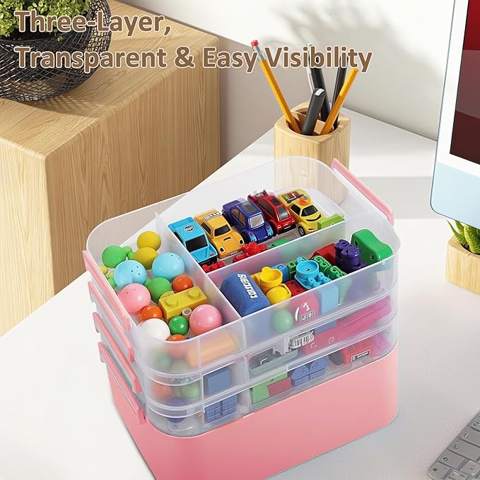 Gifhomfix 4-Layer Plastic Craft Organizers and Storage Box with Removable Trays, Storage Containers with lids and Handle, Art Supply Storage Organizer for Organizing Bead, Sewing, Tool（Pink）