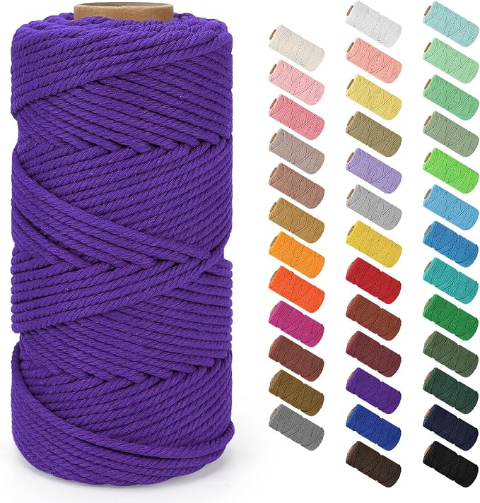 Macrame Cord 4mm x 109Yards (328Feet), Natural Cotton Macrame Rope - 4 Strands Twisted Macrame Cotton Cord for Wall Hanging, Plant Hangers, Crafts, Gift Wrapping and Wedding Decorations, Deep Purple