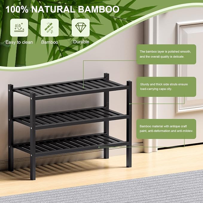 ROMGUAR CRAFT 3 Tier (Thick) Bamboo Shoe Rack for Entryway, Small Wood Shoe Shelf Storage Organizer for Closet, Shoe Stand for Hallway, Stackable and Sturdy 27"x12"x21" Black