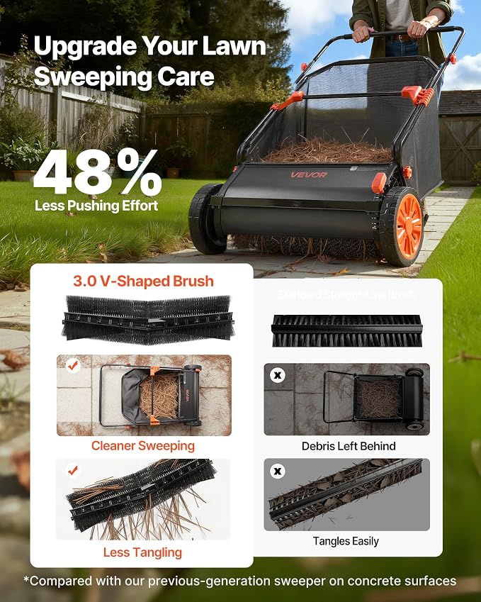 VEVOR Push Lawn Sweeper 26 in Leaf & Grass Collector 7 cu. ft. Hopper Bag