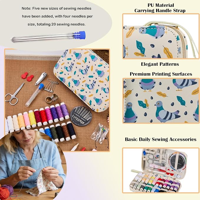 Printing Travel Sewing Kit with 130PCS Basic Sewing Supplies Accessories | Pigeon Cartoon Professional Sewing Kit for Adults,Emergency,Arts Craft & Beginners