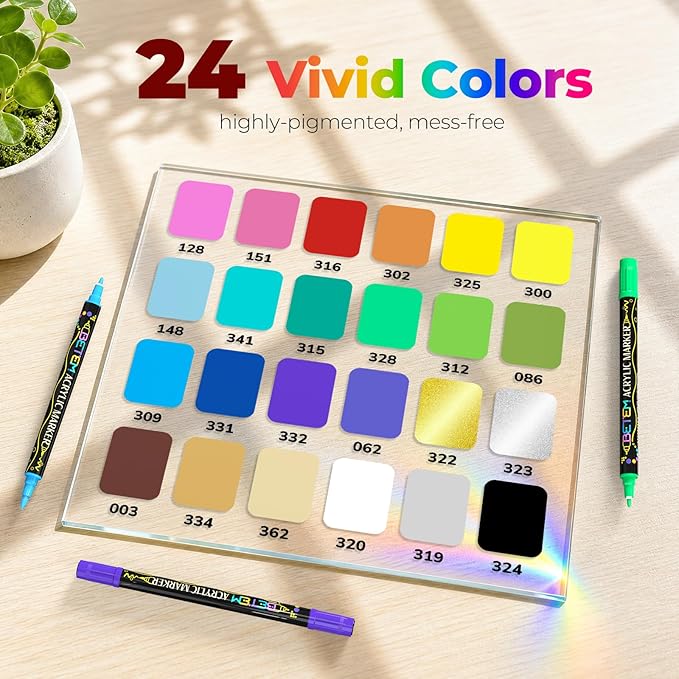 Betem 24 Colors Paint Markers for Glass, Dual Tip Acrylic Paint Pens | Window, Fabric, Wood, Rock, Canvas, Acrylic Markers with Fine & Brush Tip, Art & Craft Supplies, Wine Glass Markers