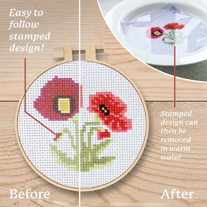 Kraftex Stamped Cross Stitch Kits for Beginners (Flower Theme - 6.75 Inch - 4 Pack 1 x Embroidery Hoop) Embroidery Needlepoint Patterns for Adults, Includes Poppy, Rose, Sunflower and Pansy