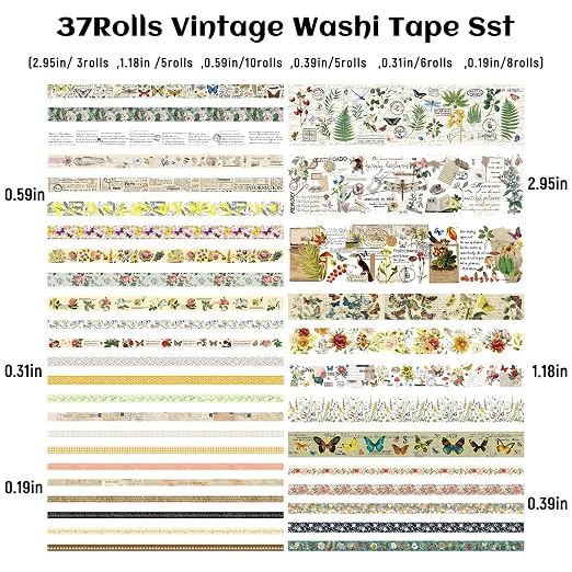 37 Rolls Vintage Washi Tape Set - Decorative Tape Floral Butterfly Mushroom Botanical,Adhesive Tape for Journaling Supplies,Scrapbooking,Junk Journal Supplies5/8/10/15/30/75mm Wide9.84ft Long/Roll