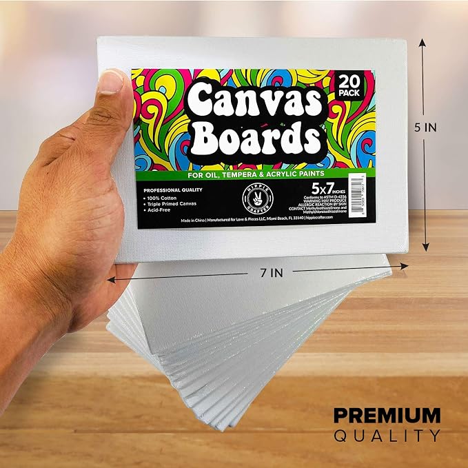 Hippie Crafter 20 Pack Paint Canvases for Painting, 5x7 Blank Art Canvas Panels, Flat Canvas Boards for Acrylic, Oil, and Mixed Media, Small Canvases for Painting Projects and Art Supplies
