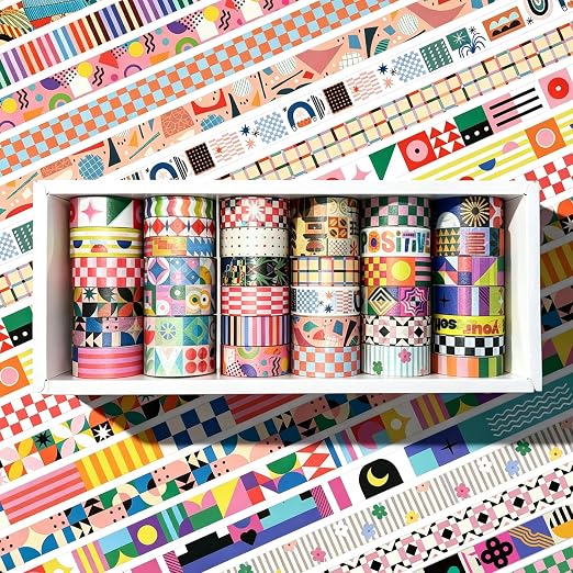 34 Rolls Geometric Washi Tape Set, Aesthetic Decorative Tape for Scrapbooking, Journaling, Bullet Journals, DIY Crafts and Gift Wrapping