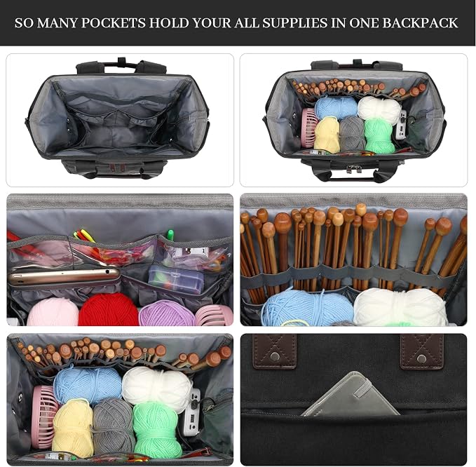 Knitting Bag Backpack Yarn Storage Organizer Travel Bag with USB Charging Port, Tote Bag Holder for Knitting Needles, Crochet Hooks, Accessories - Black