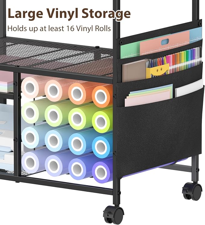 Mobile Craft Cart with Vinyl Roll Holder, Crafting Table Accessories Holder