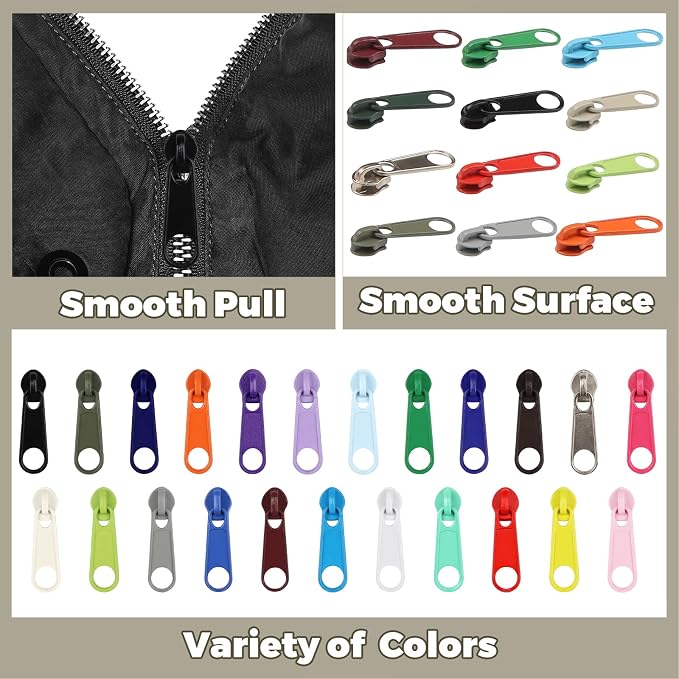 DOITEM 120Pcs Zippers Repair Kit Zipper Replacement 3# Zipper Pull Rescue Kit for Clothing Jackets Purses Luggage Backpacks (23 Colors)