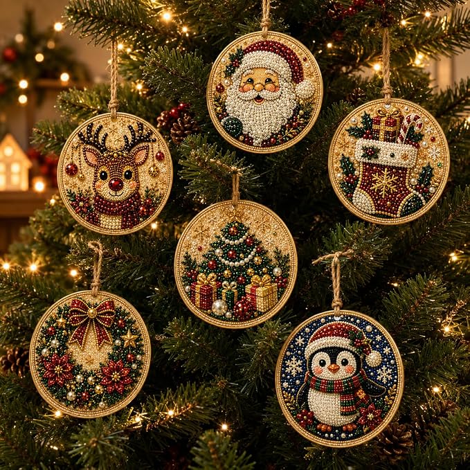 6Pcs Christmas Wooden Ornaments DIY Pearl Diamond Painting Kit (Christmas13)