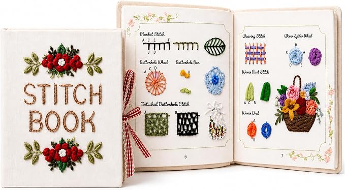 Cikeela Embroidery Stitch Book Beginner with Fabric Pages, 31 Essential Stitches in Structured Learning Order for Adults, DIY Sewing Kit with Floral Motifs, Practice Patterns EmbroideryStitch Book Kit