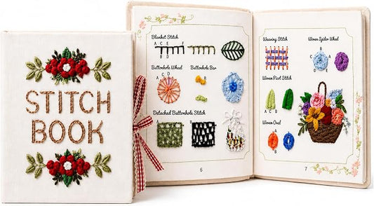 Cikeela Embroidery Stitch Book Beginner with Fabric Pages, 31 Essential Stitches in Structured Learning Order for Adults, DIY Sewing Kit with Floral Motifs, Practice Patterns EmbroideryStitch Book Kit