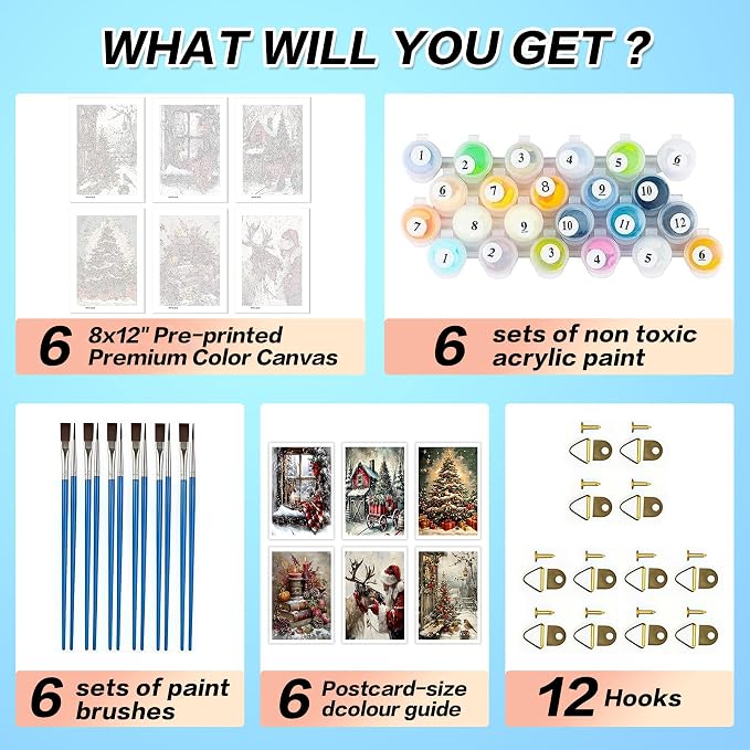 6 Pack Christmas Paint by Numbers for Adults Beginners-8” W x 12”L