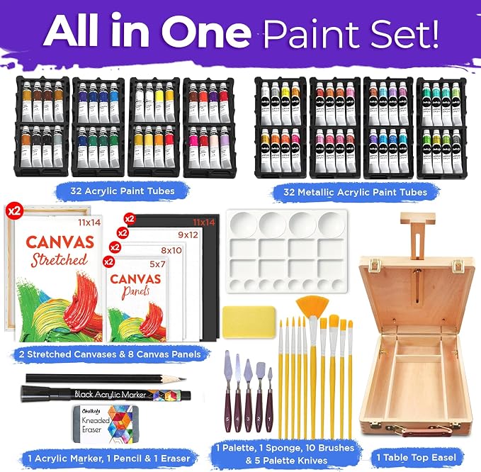 Chalkola 95 Pcs Acrylic Painting Kit for Adults Art - 64 Acrylic Paint Set | Wood Tabletop Easel, Canvas, Art Brushes, Palette, Knife - Professional Canvas Painting Supplies for Artists & Beginners