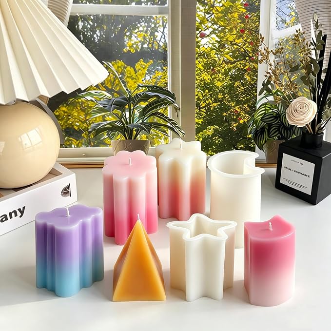 8PCS Reusable Silicone Candle Molds Set - Prism/Square Pyramid/Cloud/Pentagon/Hexagon/Flower/Cat Shapes for DIY Candle Making, Soap, Resin Crafts, Easy Release Candle Making Kit