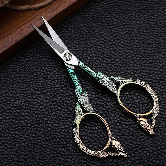 YOUGUOM Precision Embroidery Scissors, Sharp Sewing Scissors | Small, Pointed Tip, for DIY Craft, Cross Stitch, Needlework, Artwork, Knitting, Threading Tools, 4.6in, Green, Cute Bird