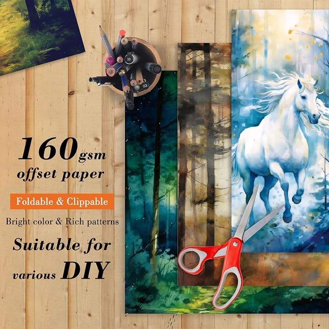 Forest Aesthetics Scrapbooking Paper Pad - 24 Sheets 6'' x 6'' Horse Patterns Designed Cardstock for Junk Journals Decoupage Diary Supplies DIY Crafts Gift Folded Wrapping Material