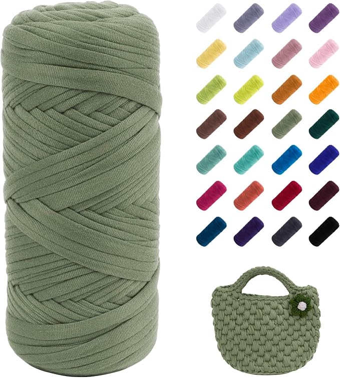 JeogYong T-Shirt Yarn, 200g/196ft Elastic Fabric Cloth Knitting T Shirt Yarn, Light Army Green Thick Crochet Fabric Ribbon for Crocheting Bags/Baskets/Rugs, Home Decor, DIY Crafts