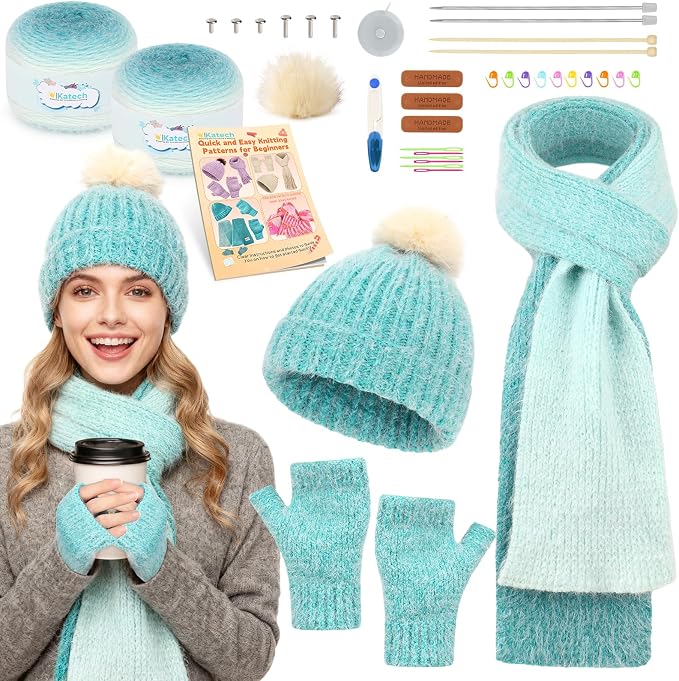 Katech Knitting Kit for Beginners Adults Kids-Beginners Knitting Kit | Complete Hat, Scarf, Gloves Starter Knitting Kit with Step-by-Step Video Tutorials-Ideal Gift