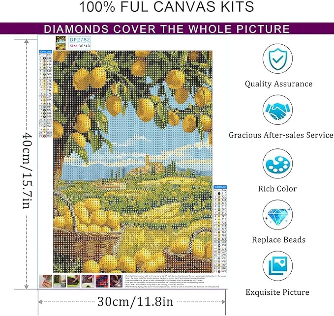Dorwendis Lemon Diamond Art Kits for Adults, Lemon Tree 5D Diamond Painting Kits for Beginners, DIY Full Round Drill Diamond Dots Gem Crystal Art for Home Wall Decor Gifts 12x16 inch