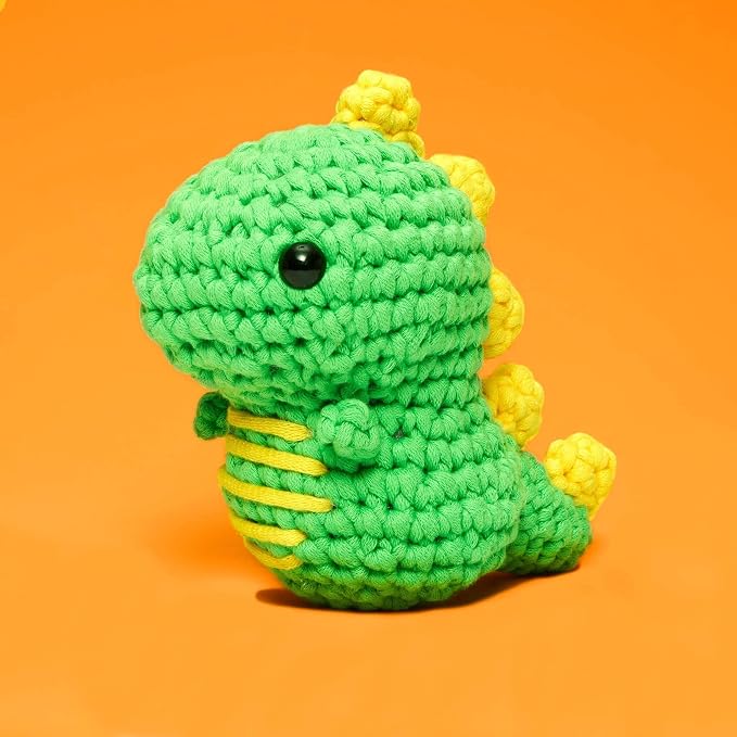 The Woobles Crochet Kit for Beginners (Fred the Dinosaur) | As seen on Shark Tank, Kit includes: Easy Peasy Yarn, pre-started piece, hook, safety eyes, stuffing, video tutorials