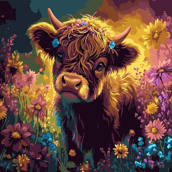 OJTOYART Highland Cattle Paint by Numbers Kit for Adults Beginners, Chrysanthemum Paint by Number Kits on Canvas, DIY Acrylic Oil Painting Kits for Home Wall Decor 16 x16 Inch