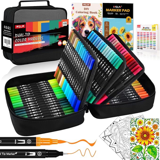 IVSUN 128 Colors Dual Tip Watercolor Markers Pens with Bag-Brush & Fine | Art Markers Set for Adult Coloring Book, Journaling, Drawing, Note Taking, Planner, Lettering, Calligraphy, Art Supplies Kit