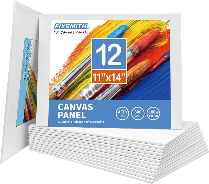 FIXSMITH Canvas Boards for Painting 11x14 Inch, Super Value 12 Pack White Blank Canvas Panels, 100% Cotton Primed, Painting Art Supplies for Professionals, Hobby Painters, Students & Kids