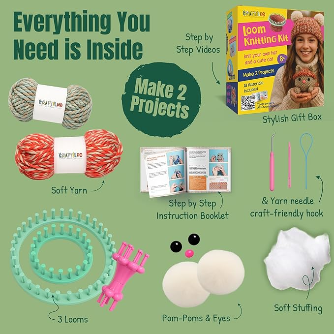 Knitting Kit for Kids - Beginner Loom Knitting Kit to Make a Hat & Cat