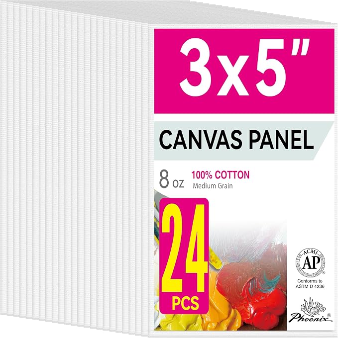 PHOENIX Small Painting Canvas Panels 3x5 Inch, 24 Bulk Pack - 8 Oz Triple Primed 100% Cotton Acid Free Canvas Boards for Painting, White Blank Flat Canvas Boards for Acrylic, Oil Paints
