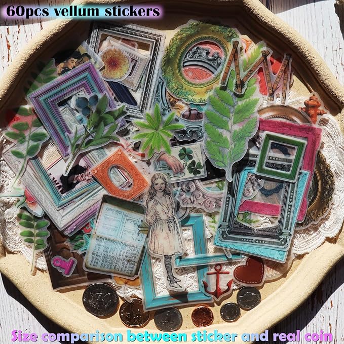 CATaireen Vintage Junk Journal Ephemera Scrapbooking Supplies Translucent Vellum Paper Stickers Card Making Decal Art Aesthetic for Adults (Character Frame Art)