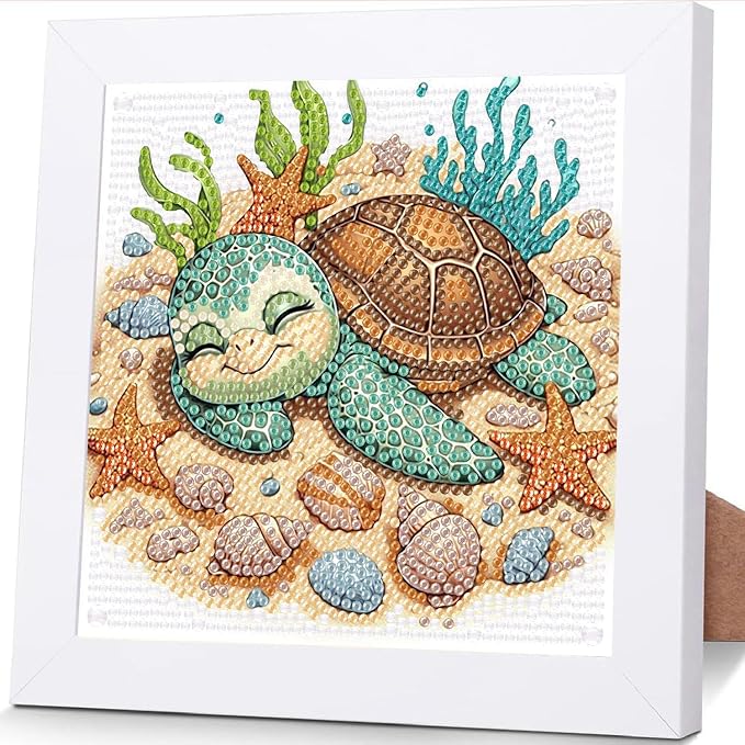 ajepon Turtles Diamond Art Kits for Kids with Frame, Animal Diamond Art for Kids Ages 8-12, Turtle Diamond Painting Kits for Kid with Beautiful Package for Gift Home Wall Decor (7x7inch)